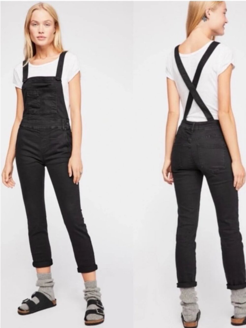 Free People Black Denim Skinny Overalls Boho Casual Bib Pants Size 26